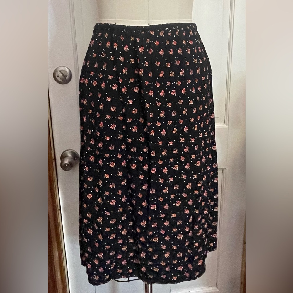 Vintage April Cornell 90s black floral crinkled skirt
